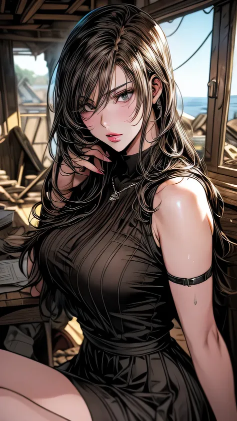 art future anime. bird&#39;perspective, Dirty woman sitting on a chair in a dilapidated house, wet messy hair above the eyes, Detailed bodycon shirt and short pleated skirt. big ship, close-up landscape, hurt. written by hand, cinematic lighting, very deta...