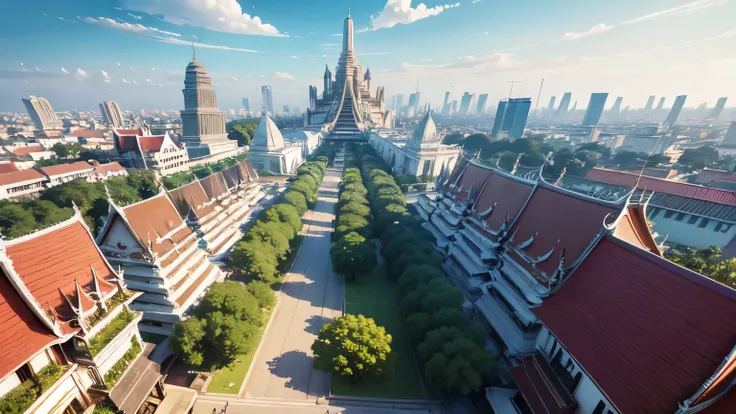 An anime-style aerial view of Bangkok, with a focus on the glittering Wat Arun temple at the heart of the city.
The intricate details of the temples architecture are highlighted in gold, standing majestically along the riverbank.
The surrounding cityscape ...