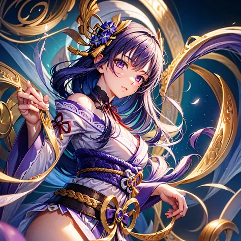 Masterpiece,Best quality, Unrealistic engine, Ultra resolution, Extremely detailed, 1girl purple hair,long hair, hair, hair ornament, bang, mole, purple eyes, mole under the eye, big breasts, neckline , japanese clothing, Kimono, belt, obi, wedding mittens...