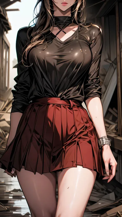 art future anime. bird&#39;perspective, Dirty woman standing in a dilapidated house, wet messy hair above the eyes, Detailed bodycon shirt and short pleated skirt. big ship, close-up landscape, hurt. written by hand, cinematic lighting, very detailed. whit...