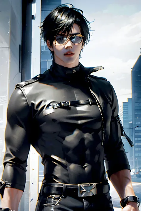 anime sexy man, black short hair, leather jacket, fishnet shirt, shoulder harness, strong, muscle 