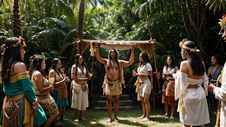 "Create an image of an early Maya gathering in a clearing in the rainforest, performing a religious ceremony. In the center of the clearing, depict the chief wearing a headdress adorned with feathers, symbolizing his connection to the spirit world. He also...