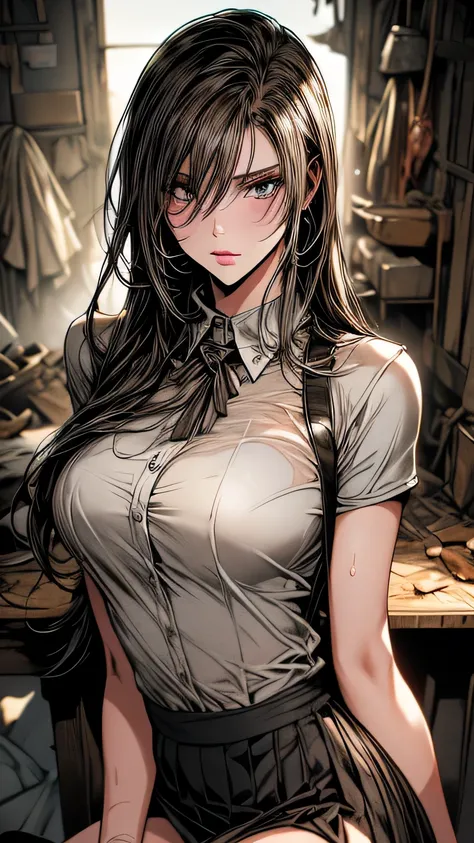 art future anime. bird&#39;perspective, Dirty woman sitting on a chair in a dilapidated house, wet messy hair above the eyes, Detailed bodycon shirt and short pleated skirt. big ship, close-up landscape, hurt. written by hand, cinematic lighting, very deta...