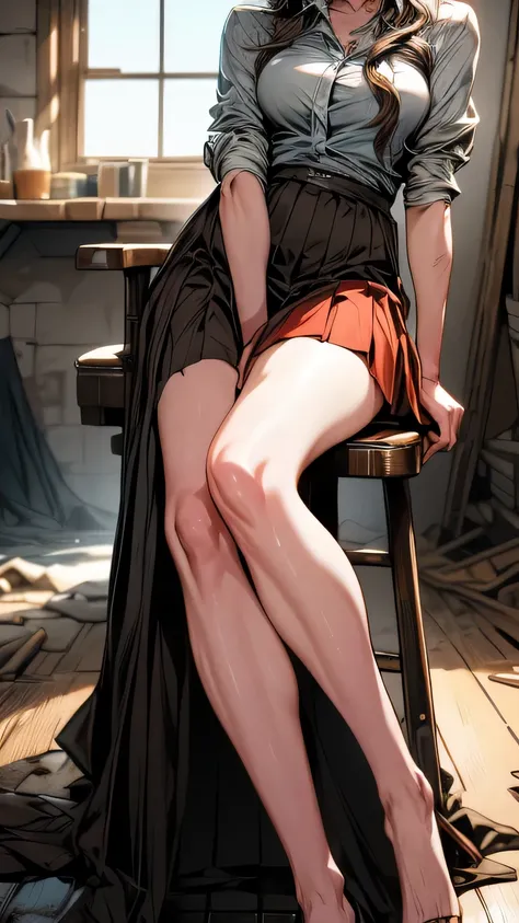 art future anime. bird&#39;perspective, Dirty woman sitting with legs apart on a chair in a dilapidated house, wet messy hair above the eyes, Detailed bodycon shirt and short pleated skirt. big ship, close-up landscape, hurt. written by hand, cinematic lig...