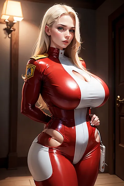 A white-skinned woman with bronzed skin, enormous breasts, a narrow waist, and a large rear, dons a sensual latex firefighter uniform.