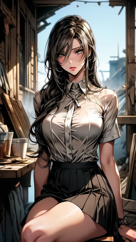 art future anime. bird&#39;perspective, Dirty woman sitting on a chair in a dilapidated house, wet messy hair above the eyes, Detailed bodycon shirt and short pleated skirt. big ship, close-up landscape, hurt. written by hand, cinematic lighting, very deta...