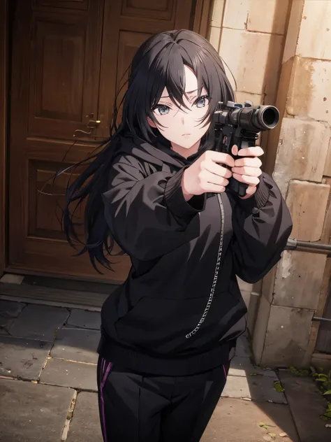 1 girl,black hoodie, Dominique de sade,Black trousers, holding a gun, shooting,Aiming at the viewer, ultra detail