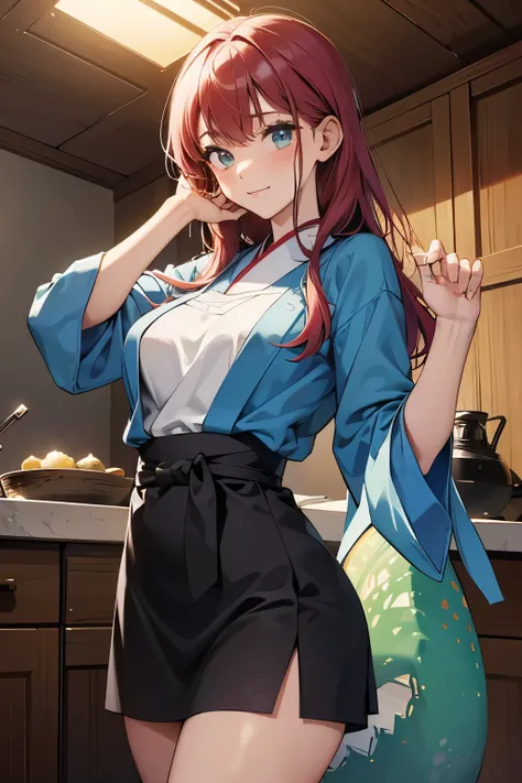 Lorenzo Mattotti, Toriko Chiya, Surreal, mysterious, strange, fantastical, fantasy, Sci-fi, Japanese anime, dinosaurs in the kitchen, vegetarian miniskirt beautiful girl, perfect voluminous body, detailed masterpiece Hyper realistic sharp focus depth of fi...