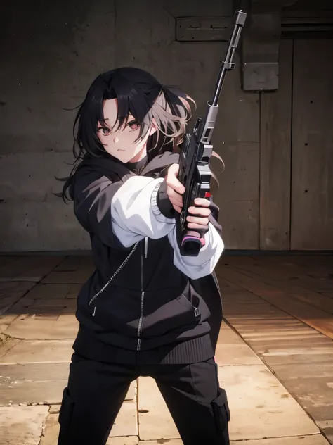 1 girl,black hoodie, Dominique de sade,Black trousers, holding a gun, shooting,Aiming at the viewer, ultra detail