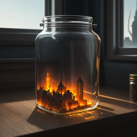 city of the dead tucked inside a square glass jar with lid, placing on the windowsill, extremely detailed, 8K, apocalyptic punk style, miniatures, macro photography in close-up 