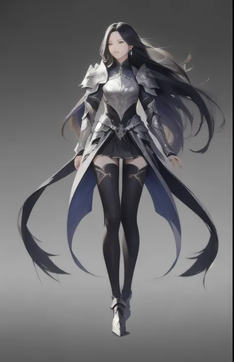 Concept art character standing painting, 1 girl, 蓝色long hair, alone, armor, earrings, jewelry, whole body,gray background,, long sword, skirt,long hair, asymmetrical tights, armor, floating