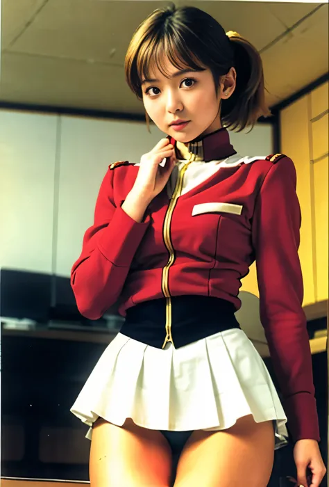 real photos、Highest imYear quality、Beautiful woman、beautiful thighs、beautiful face、real imYear、federal army uniform miniskirt、ponytail、Yuriko Yoshitaka、super mini skirt、16Year日本人女性、lady. bow、pretty girl、white pantiesが丸見え、1６Year、（white panties:1.3）、super mi...