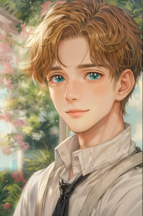 (absurdres, highres, simple detailed, HDR), simple masterpiece, best quality, 1 boy , short hair, handsome face, anime eyes, character from the anne of green gables, male version, simple interior, gnostic scenery 