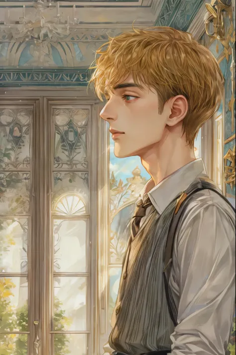 (absurdres, highres, simple detailed, HDR), simple masterpiece, best quality, 1 boy , short hair, handsome face, anime eyes, character from the anne of green gables, male version, simple interior, gnostic scenery 