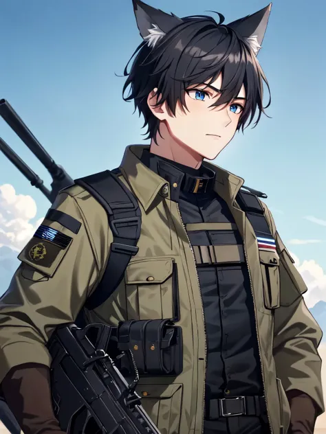 1boy, black hair, short hair, spiky hair, wolf ears, brown horns, blue eyes, military outfit, soldier, military vest, techwear, black shirt, vest, black pants, headgear, tactical equipment, upper body