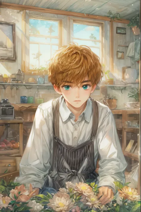 (absurdres, highres, simple detailed, HDR), simple masterpiece, best quality, 1 boy , short hair, handsome face, anime eyes, character from the anne of green gables, male version, simple interior, gnostic scenery 