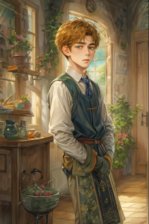 (absurdres, highres, simple detailed, HDR), simple masterpiece, best quality, 1 boy , short hair, handsome face, anime eyes, character from the anne of green gables, male version, simple interior, gnostic scenery 