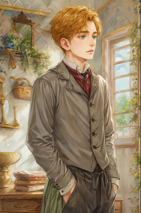 (absurdres, highres, simple detailed, HDR), simple masterpiece, best quality, 1 boy , short hair, handsome face, anime eyes, character from the anne of green gables, male version, simple interior, gnostic scenery 