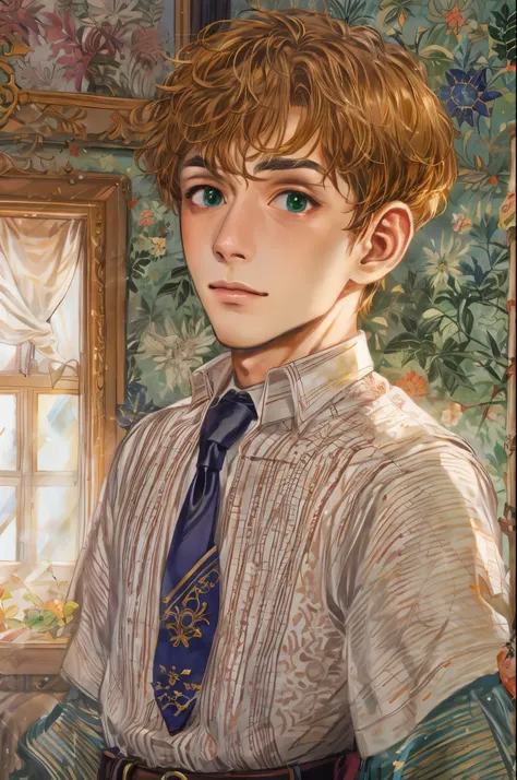 (absurdres, highres, simple detailed, HDR), simple masterpiece, best quality, 1 boy , short hair, handsome face, anime eyes, character from the anne of green gables, male version, simple interior, gnostic scenery 