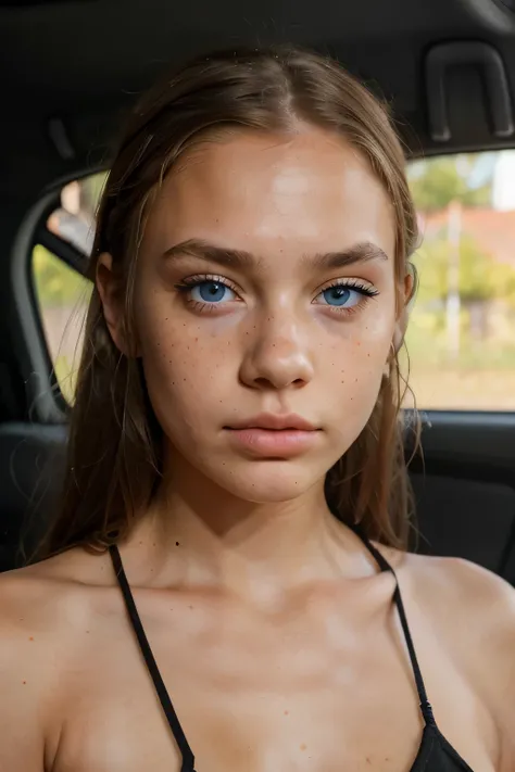 young girl, half black half Scandinavian, more darker skin than white, bright blue eyes, freckles, cute and sexy, pouty lips, hyperrealistic