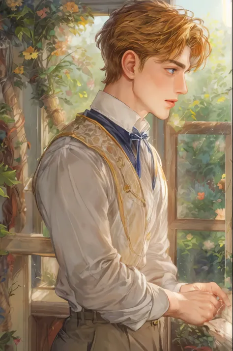 ((Best quality)), ((masterpiece)), (detailed), ((perfect face)), ((halfbody)) handsome face, male, teen boy, perfect proportions , colorful vibe ((character from anne of green gables male version)) detailed interior, detailed scenery 