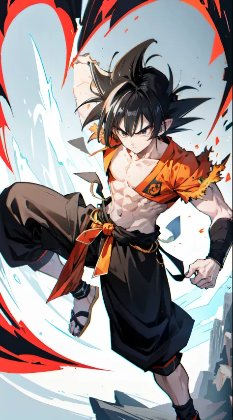 High detailed, 1boy, fantasy, Short spikey hair, black hair, black eyes, Goku’s body, wearing goku’s clothes, fighting a dragon, hair flowing in the air,