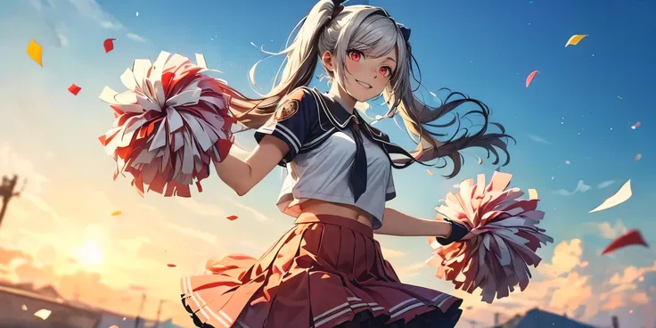 silver hair, long hair, twintail, red eyes, black bow, 1girl, cheerleader, cowboy shot, pom pom (cheerleading), :d, pink clothing, masterpiece,best quality,highres,ultra-detailed,aashizue, outdoors, blue sky, confetti, pleated skirt, (shaded face:1.2), hol...