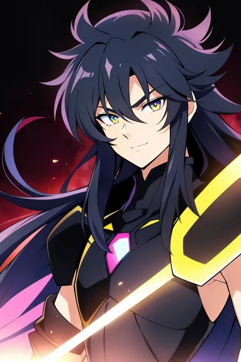 (high-quality, breathtaking),(expressive eyes, perfect face), 1boy, male, solo, half body, armor, dark onyx purple armor, saint seiya armor, spectre armor, fantasy armor, black hair, medium length hair, yellow eyes, ( watercolor (medium), black background,...