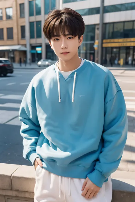 Warm sweatshirt，Attractive man，Live-action photo，Handsome and sunny，（SLR effect，Realism，8K，hyper-detailing，Absolute realism）