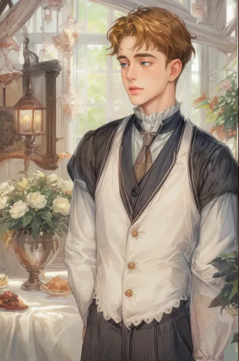 ((Best quality)), ((masterpiece)), (detailed), ((perfect face)), ((halfbody)) handsome face, male, teen boy, perfect proportions , short hair ((character from anne of green gables male version)) detailed interior, detailed scenery 