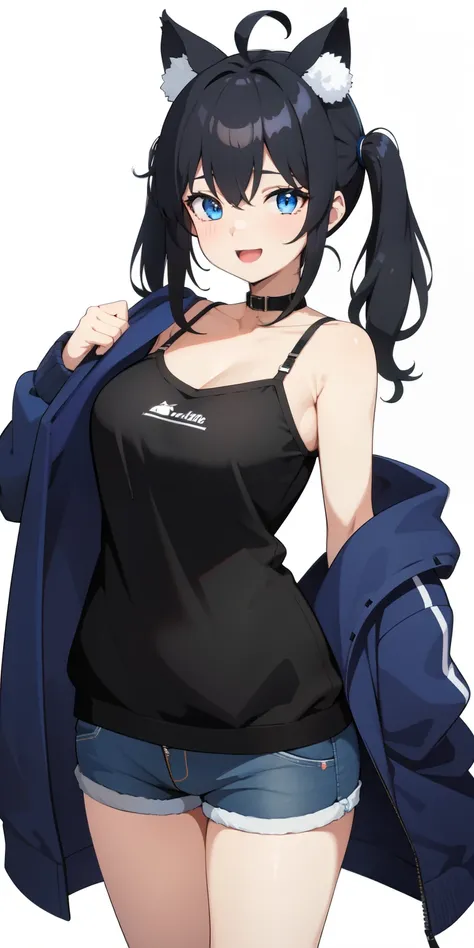 on lap,((((upright)))), ((((stand up)))), looking at the viewer, simple background、white background, 1 girl, open your mouth, smile, Virtual YouTuber、with a girl、((highest quality, expensive_solve, clear_image)),(black hair), (black cat ears), (Ahoge),stup...