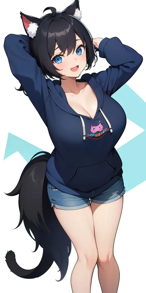 on lap,((((upright)))), ((((stand up)))), looking at the viewer, simple background、white background, 1 girl, open your mouth, smile, Virtual YouTuber、with a girl、((highest quality, expensive_solve, clear_image)),(black hair), (black cat ears), (Ahoge),stup...