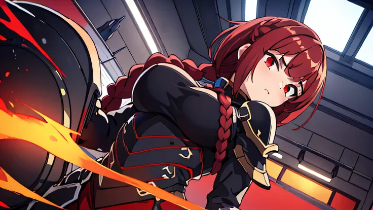 girl,huge breasts,bob cut hair,crimson hair,Long braided ponytail,red eyes,chest focus,Severe,black armor and helmet,dutch angle,close to the viewer