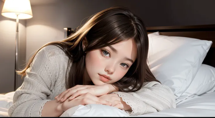 Teenage girl sleeping lying down posing on white bed, put your head on the pillow, dark night sky in mountain cave, turn of light, lighting the lamp, 22 years ago, surreal, she is wearing pajamas, brown hair. perfect hands and perfect fingers.