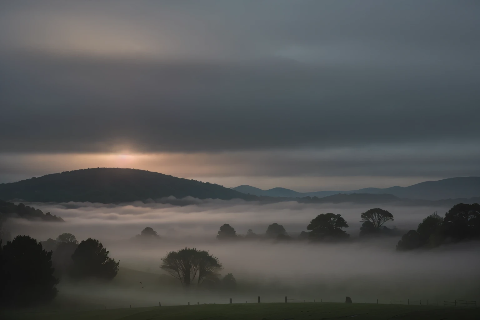 Foggy morningist enveloping the landscape, adding an ethereal quality and a sense of mystery to the surroundings.