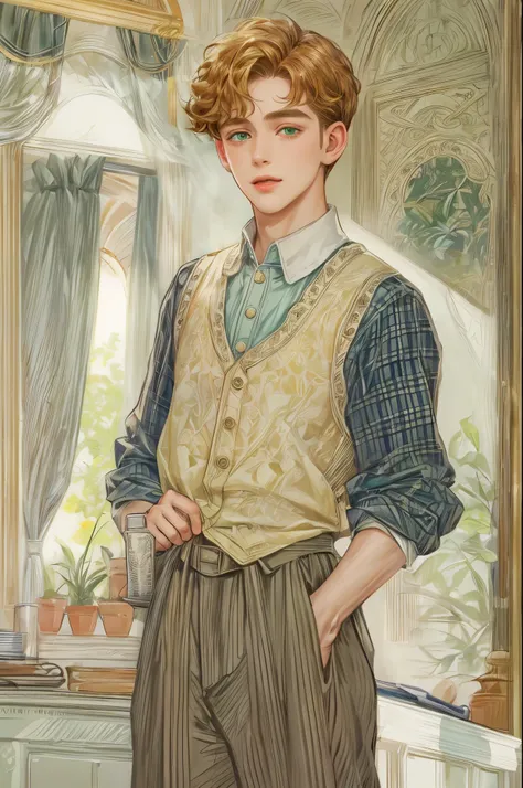 ((Best quality)), ((masterpiece)), (detailed), ((perfect face)), ((halfbody)) handsome face, male, teen boy, perfect proportions , short hair ((character from anne of green gables male version)) detailed interior, detailed scenery 