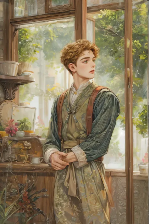 ((Best quality)), ((masterpiece)), (detailed), ((perfect face)), ((halfbody)) handsome face, male, teen boy, perfect proportions , short hair ((character from anne of green gables male version)) detailed interior, detailed scenery 