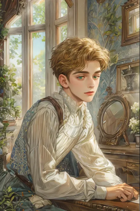 ((Best quality)), ((masterpiece)), (detailed), ((perfect face)), ((halfbody)) handsome face, male, teen boy, perfect proportions , short hair ((character from anne of green gables male version)) detailed interior, detailed scenery 