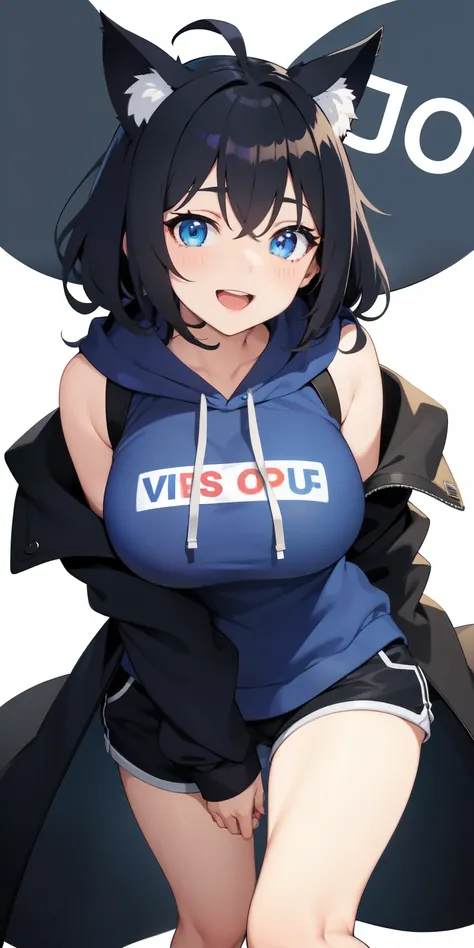 on lap,((((upright)))), ((((stand up)))), looking at the viewer, simple background、white background, 1 girl, open your mouth, smile, Virtual YouTuber、with a girl、((highest quality, expensive_solve, clear_image)),(black hair), (black cat ears), (Ahoge),stup...