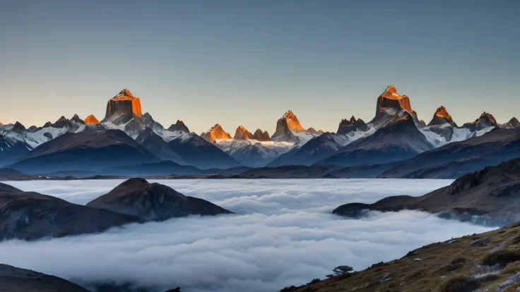 a breathtaking vista of the rugged mountain peaks of patagonia, their snow-dusted granite spires piercing through a sea of ether...