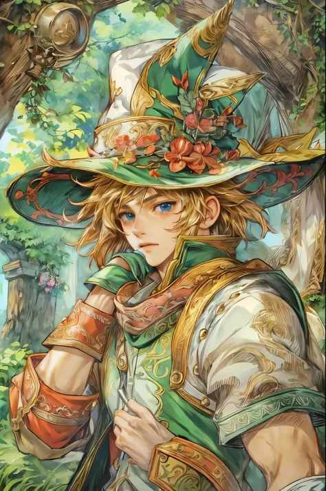 (((Best quality)), ((masterpiece)), (detailed), ((perfect face)), ((halfbody)) handsome face, male, teen boy, perfect proportions , colorful vibe ((character from legend of mana, male version)) wearing hat, detailed interior, cozy home