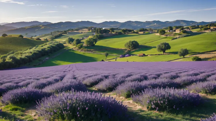 a serene countryside scene with rolling hills blanketed in fields of vivid purple lavender, rustic farmhouses, and rows of gnarl...