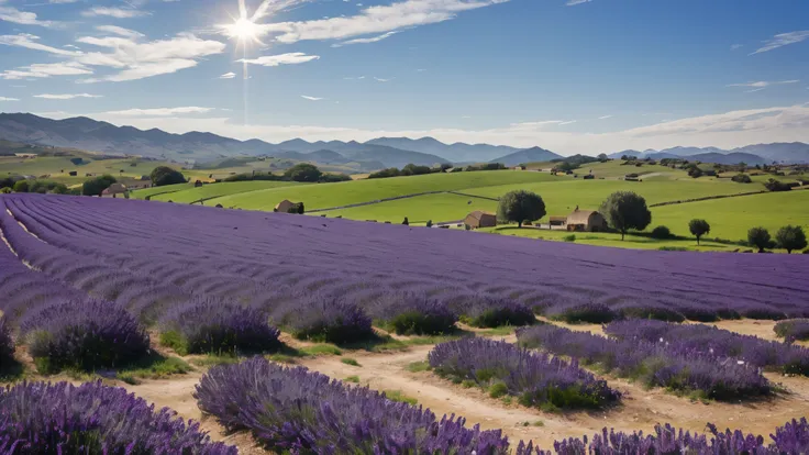 a serene countryside scene with rolling hills blanketed in fields of vivid purple lavender, rustic farmhouses, and rows of gnarl...