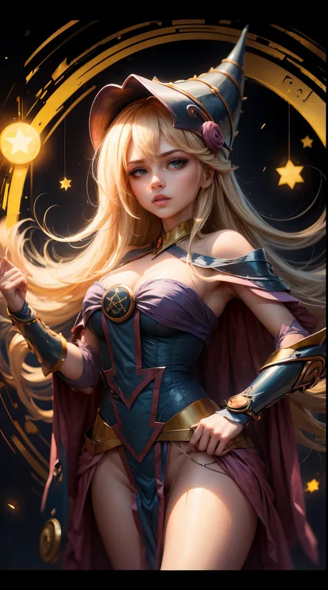 "Photograph of a dark magician and golden sorceress under the moonlight., atmospheric, Hora dorada, encantador, Oscuro y encantador."