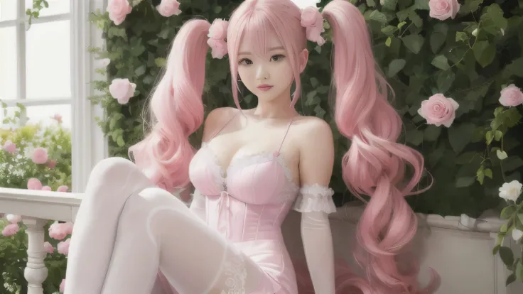 pink hair、smile、pink costume、Huge 、big breasts、Delusional milk、side boob、lower chest、Hami breasts、under the skin、Beautiful cute flowers、Gentle light is shining、hair length、twin tails、twin drill、Bun head、be familiar with装飾のあるバニーガール、cute face、whole body、be f...