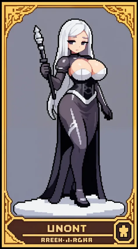 Mature woman:1.4, (deep cleavage:1.2 , corset dress:1.2) , long armored skirt:1.2, gigantic ass, fantasy, snowy temple background, metal staff, skin texture, intracate details, detailed face,clean pixel art, pixel art style:1.4 