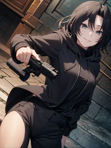 1 girl,black hoodie, dominique de sade,black trouser,holding a firearm, camera angle from below, smiling, ultra detail