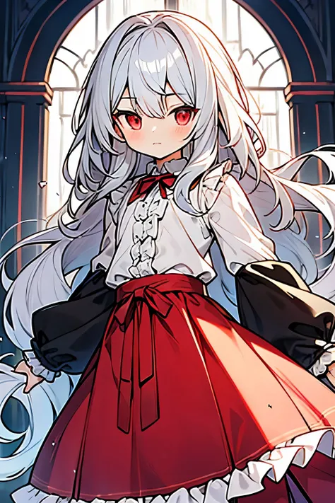 flat-chest beautiful boy, cuteness, (((front frill long sleeve shirt))),silver long hair,red eye,long skirt,noble、precious、(hem frilled clothes),