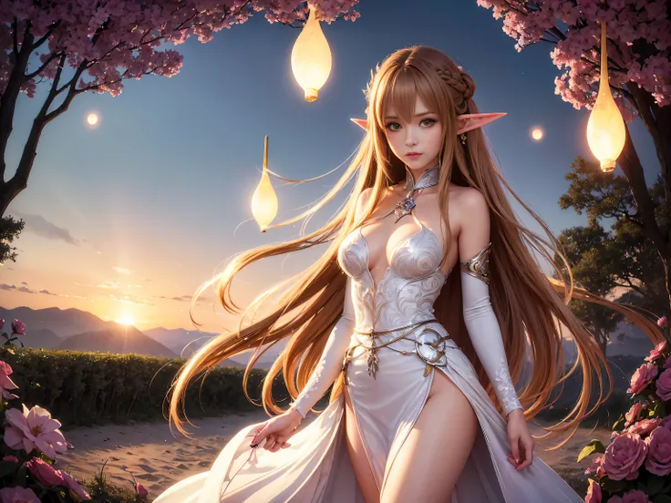 A graceful elf girl stands in a meadow, her delicate features illuminated by the soft light of the setting sun. Her long, flowing hair cascades down her back, adorned with intricate braids and adorned with sparkling jewels. This stunning painting captures ...