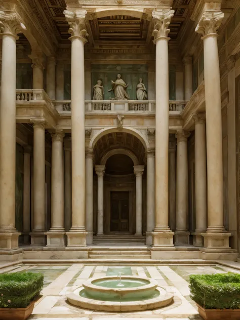 a roman villa's atrium garden lush with ivy-draped marble columns, a burbling fountain, and vivid frescoes depicting scenes from...